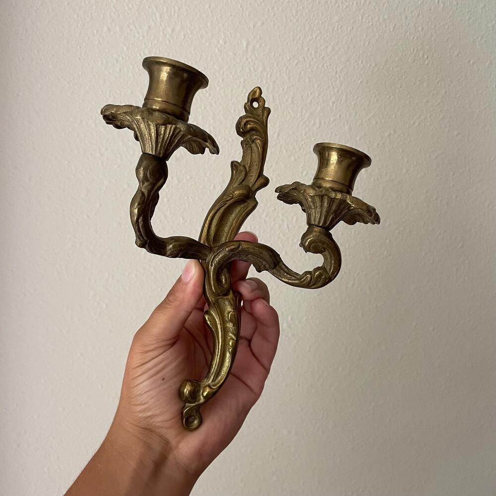 Vintage Ornate Cast Brass Double Arm Wall Candle Sconce Rococo Baroque Style